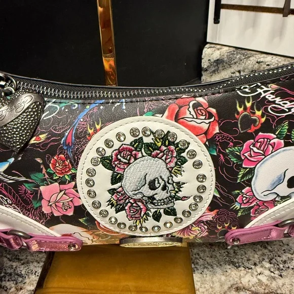 Ed Hardy Pink Floral Skull Accent Baguette Bag with crossbody - Picture 2 of 10
